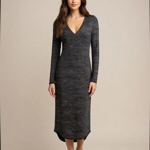 V-Neck Long Sleeve Knit Midi Dress - Charcoal Gray
